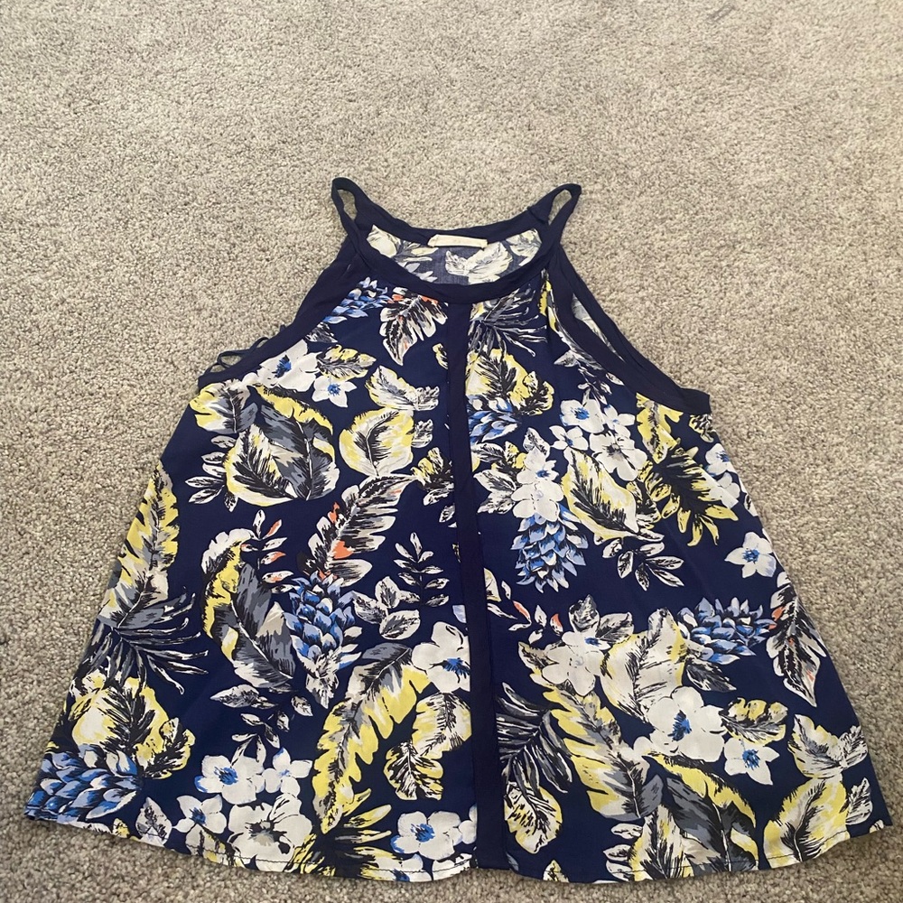 Elodie Navy Floral Halter Top with White & Yellow Blooms SZ Medium